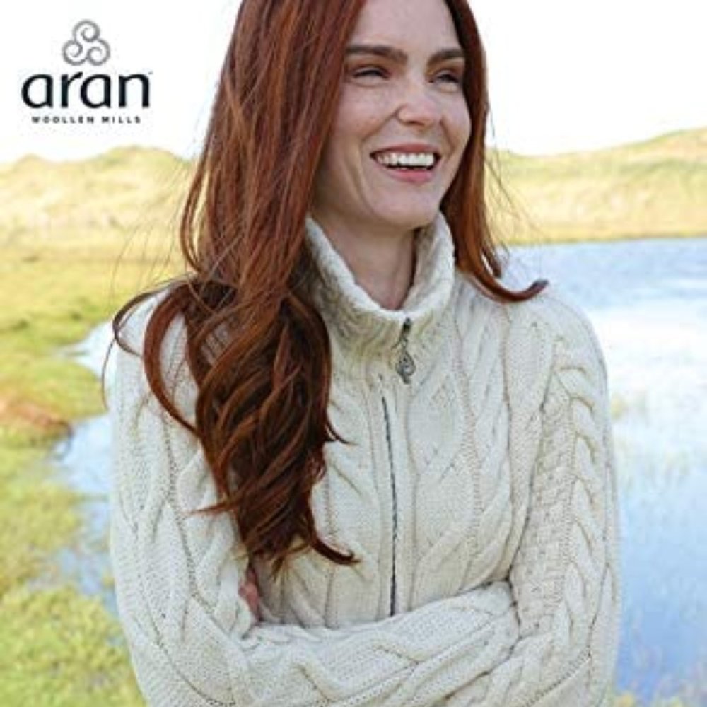 Aran Irish Zipper Merino Wool Cardigan Sweater - Picture 2 of 5
